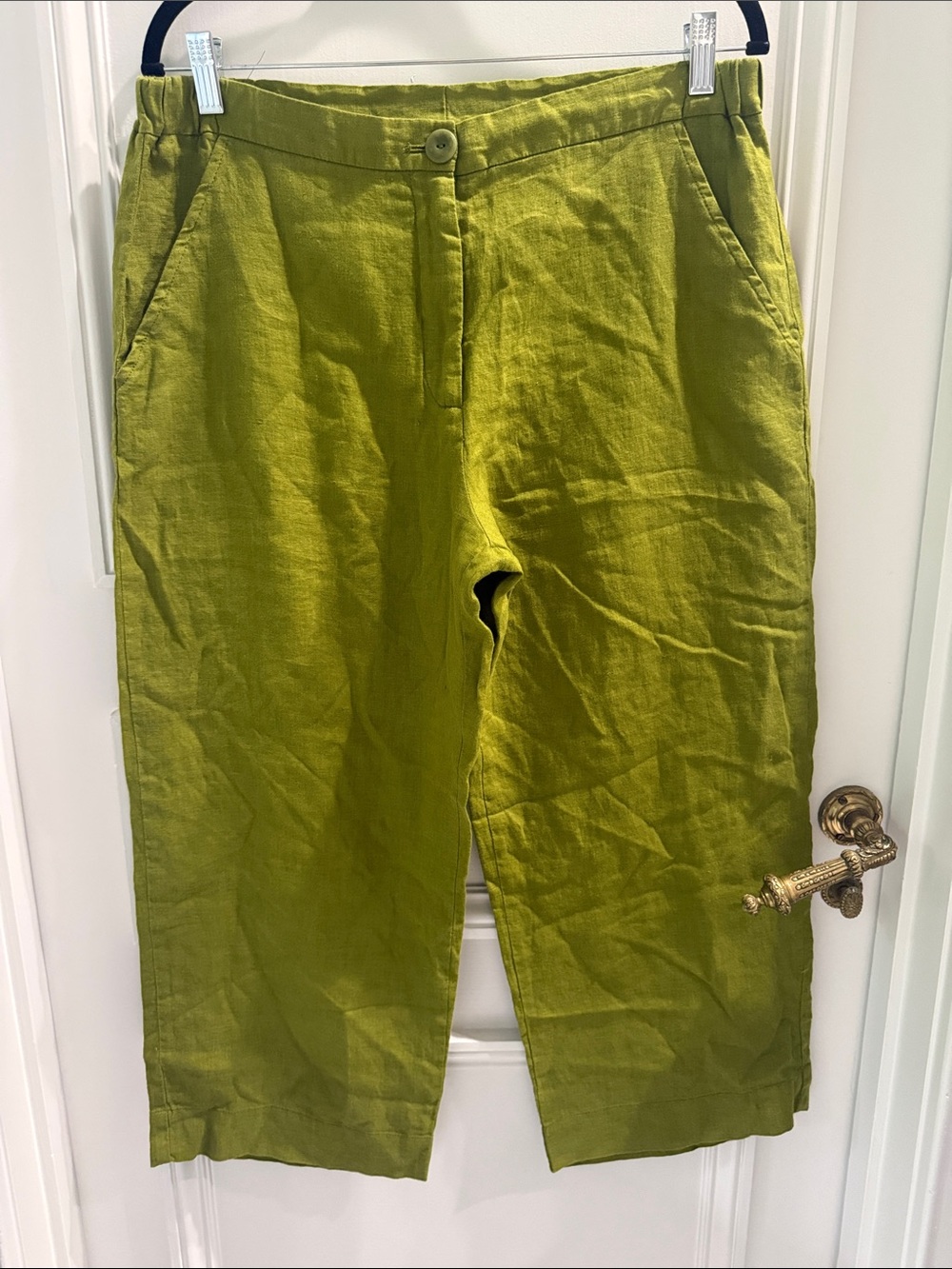 NWOT Flax Bright Olive/Chartreuse Button-Front Linen Pants - Small (245)